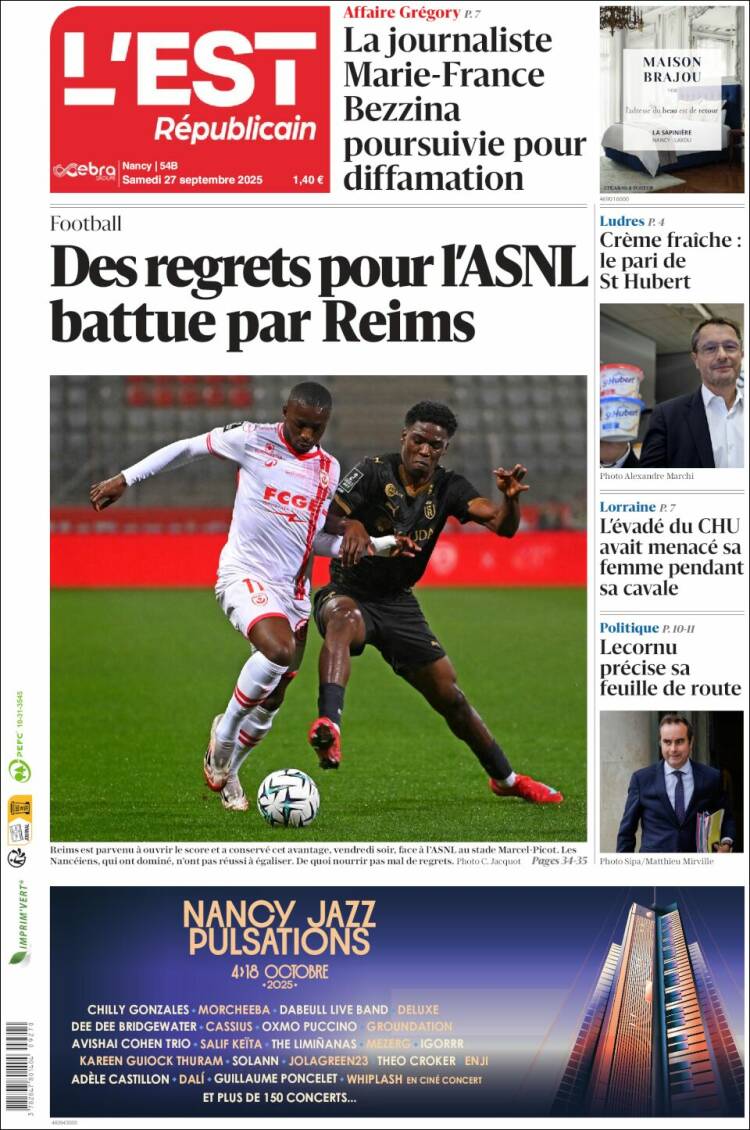 Portada de L'Est Republicain (Francia)