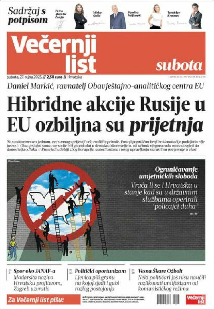 Portada de Večernji (Croacia)