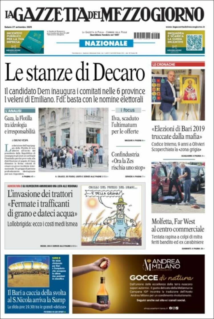 Portada de La Gazzetta del Mezzogiorno (Italia)