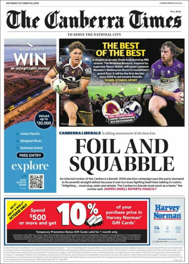 Portada de The Canberra Times (Australia)