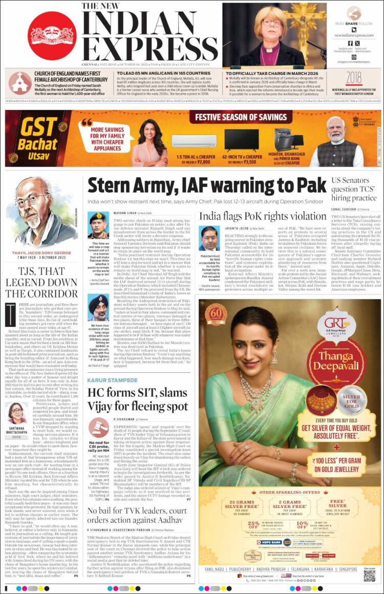 Portada de New Indian Express (India)
