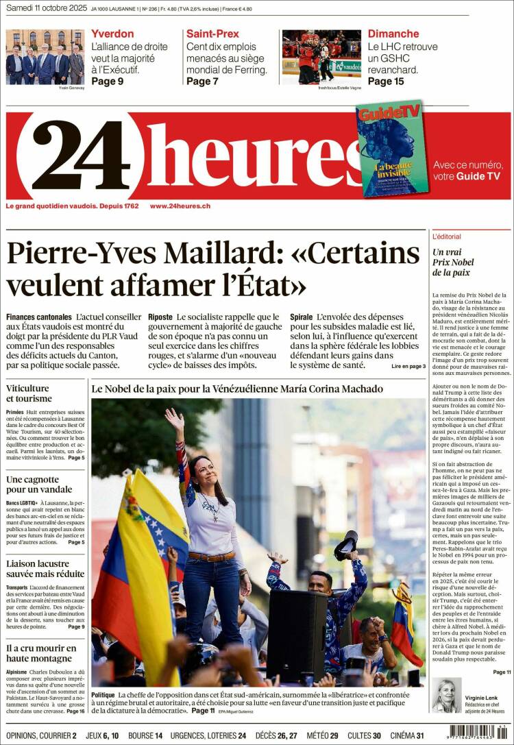 Portada de 24 Heures (Suiza)
