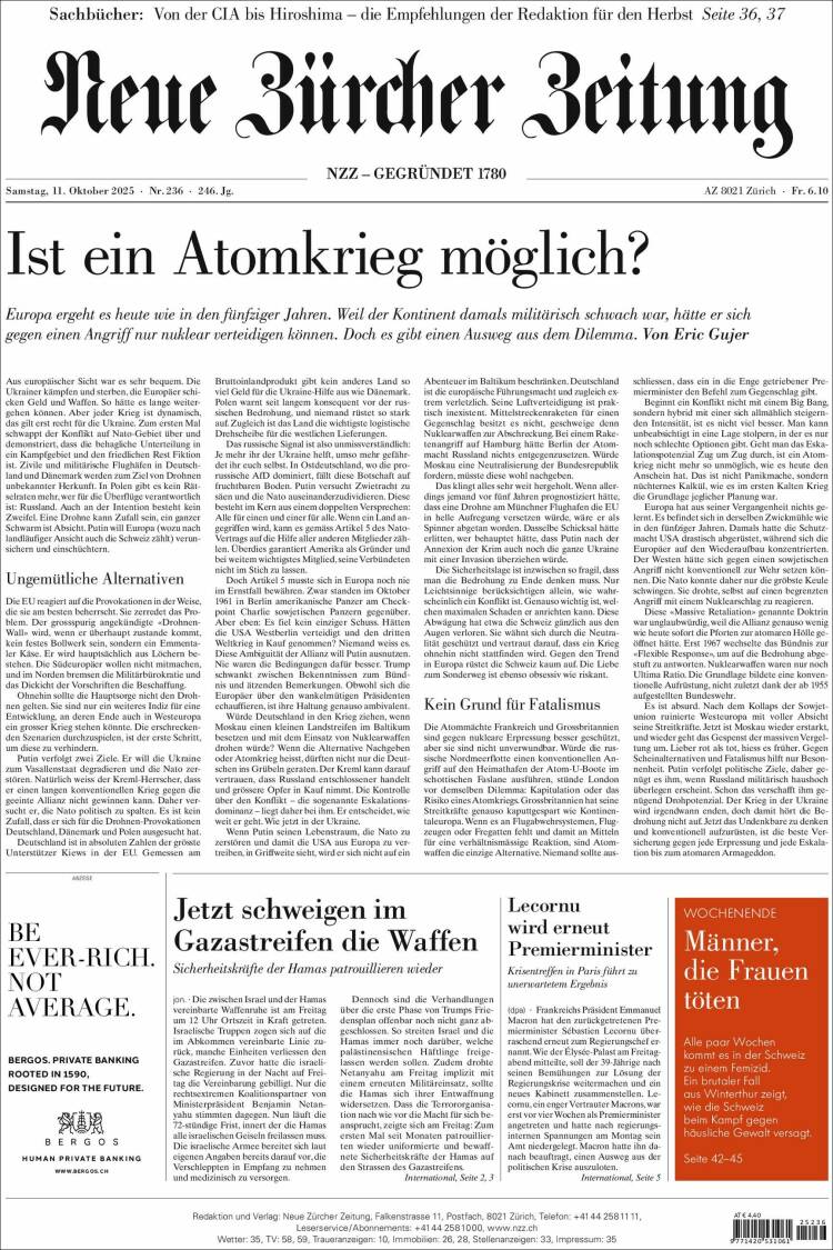 Portada de Neue Zürcher Zeitung (Suiza)