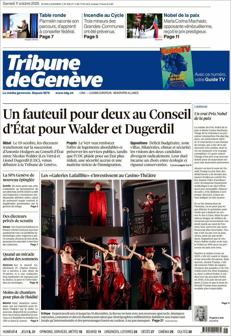 Portada de La Tribune de Genève (Suiza)