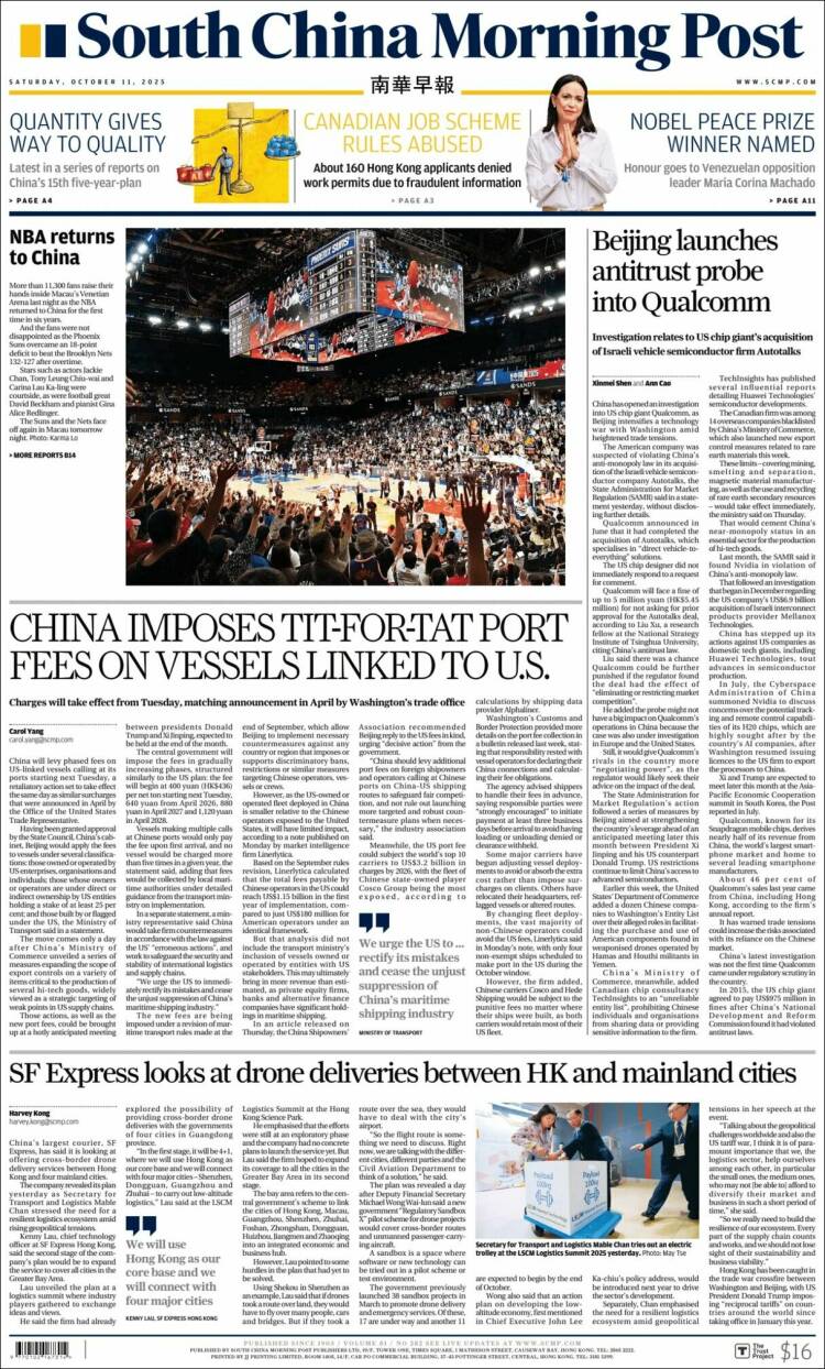 Portada de South China Morning Post (China)