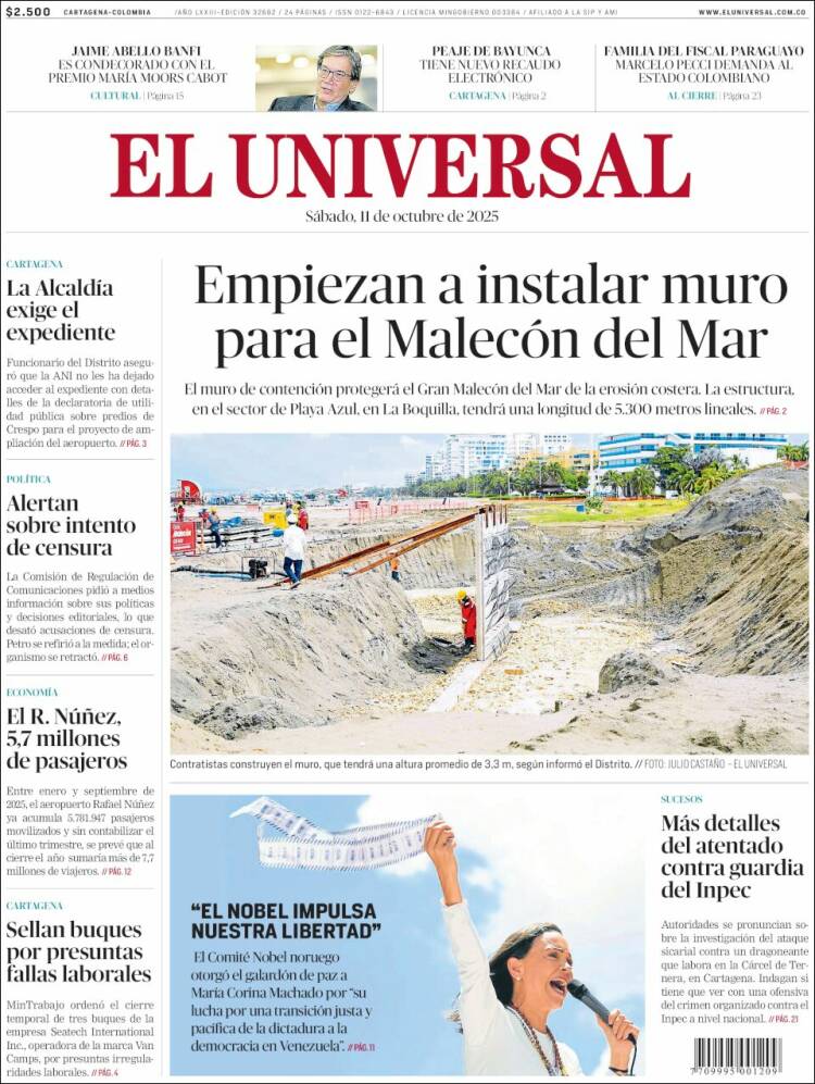 Portada de El Universal (Colombia)