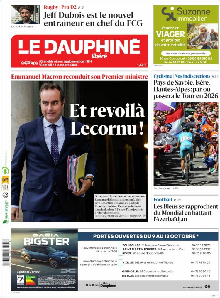 Portada de Le Dauphiné Libéré (Francia)