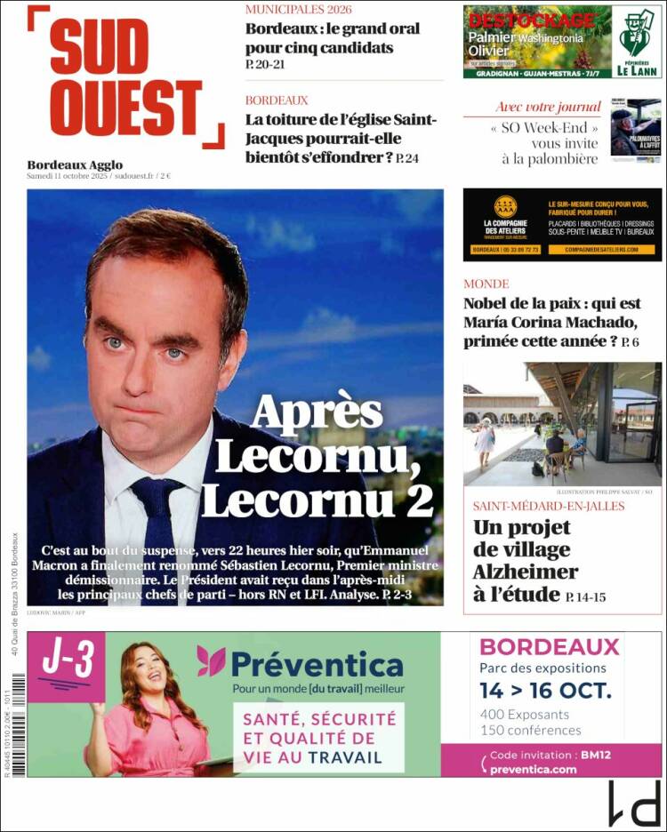 Portada de Sud Ouest (Francia)
