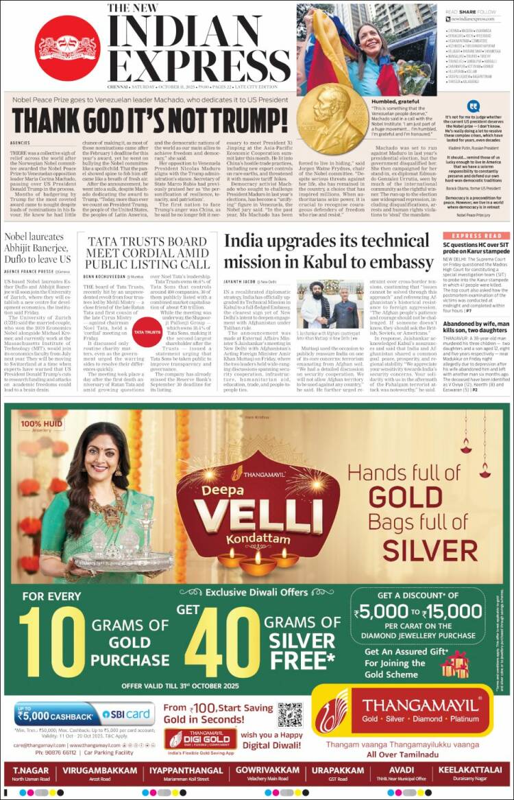 Portada de New Indian Express (India)