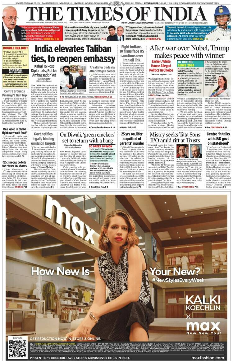 Portada de The Times of India (India)
