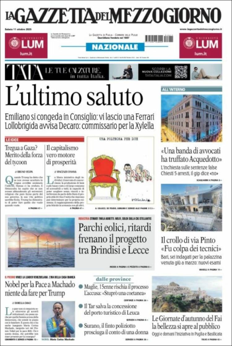 Portada de La Gazzetta del Mezzogiorno (Italia)