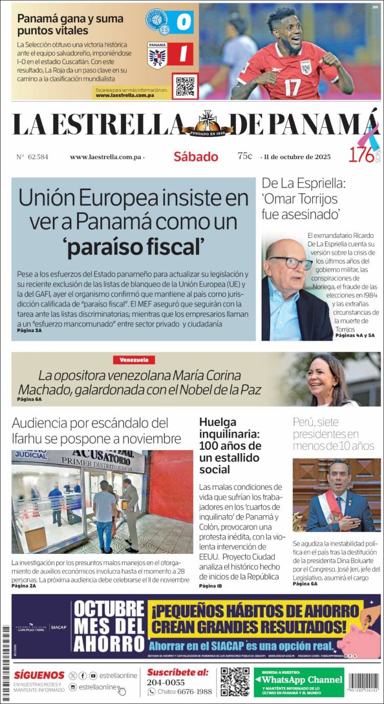 Portada de La Estrella de Panamá (Panam&aacute;)