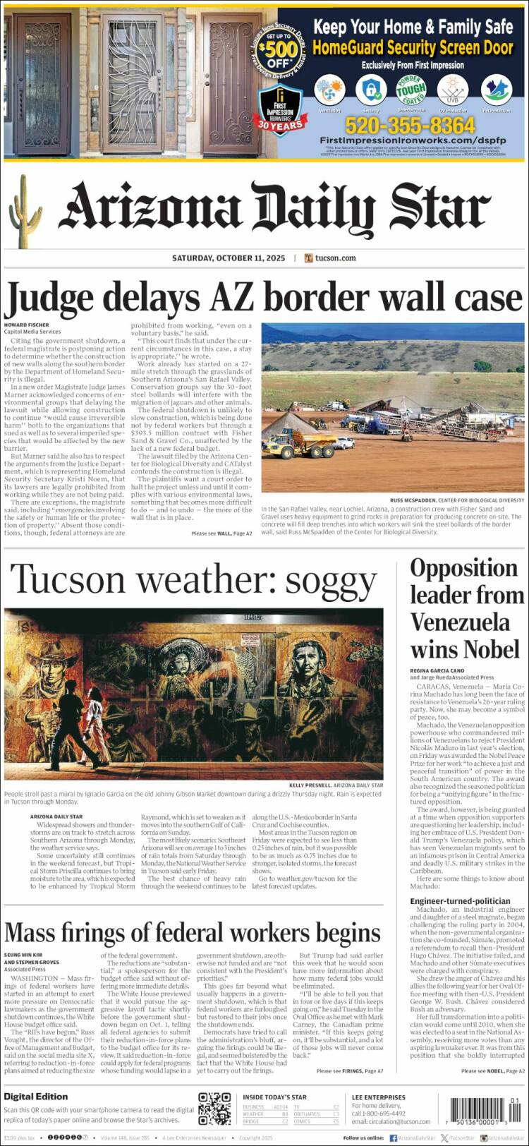 Portada de Arizona Daily Star (USA)