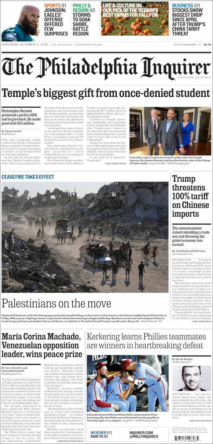 Portada de Philadelphia Inquirer (USA)