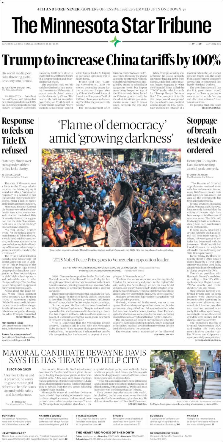 Portada de Star Tribune (USA)