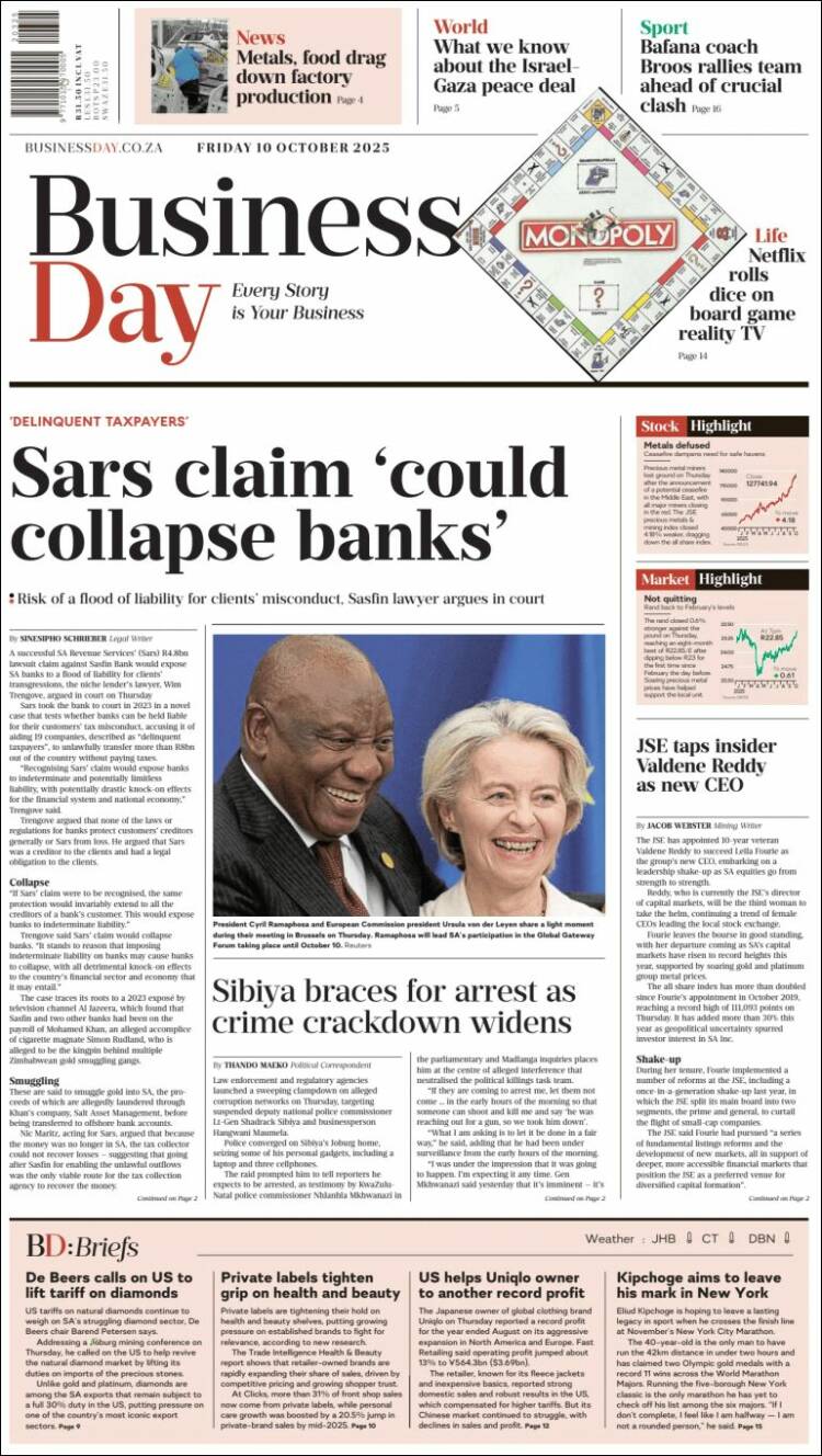 Portada de Business Day (Sud&aacute;frica)