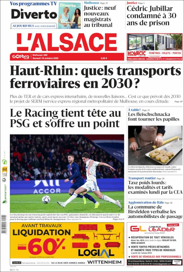 Portada de Journal L'Alsace (Francia)