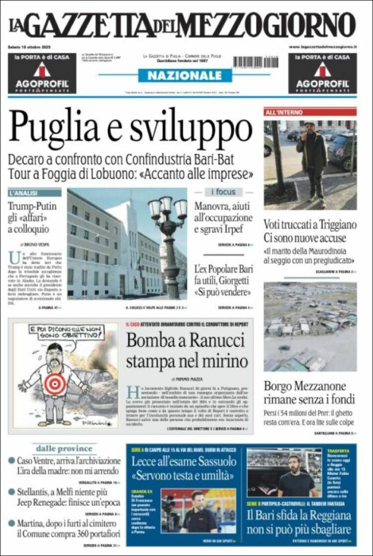 Portada de La Gazzetta del Mezzogiorno (Italia)