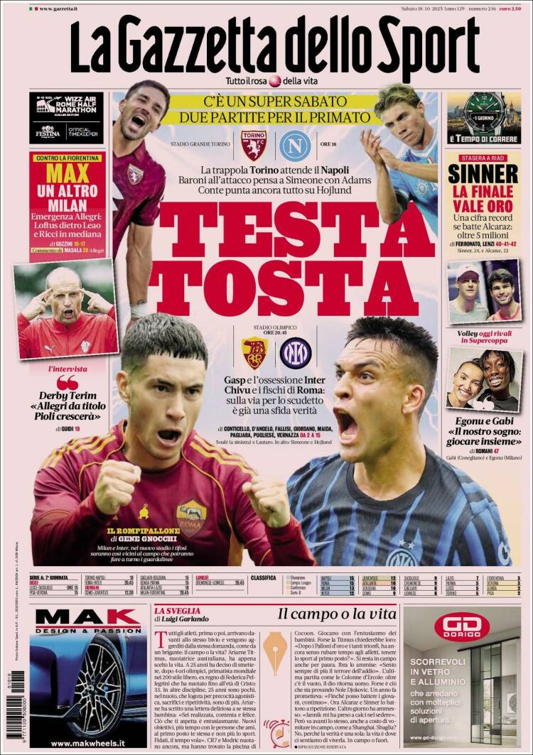 Portada de La Gazzetta dello Sport (Italia)
