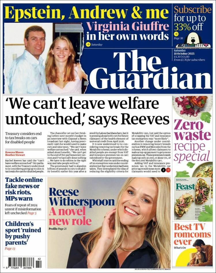 Portada de The Guardian (Reino Unido)