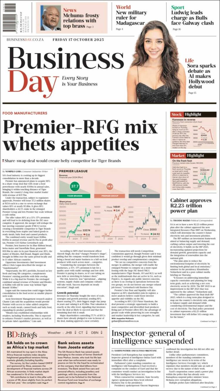Portada de Business Day (Sud&aacute;frica)