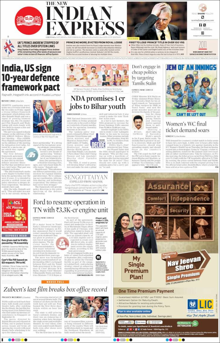 Portada de New Indian Express (India)