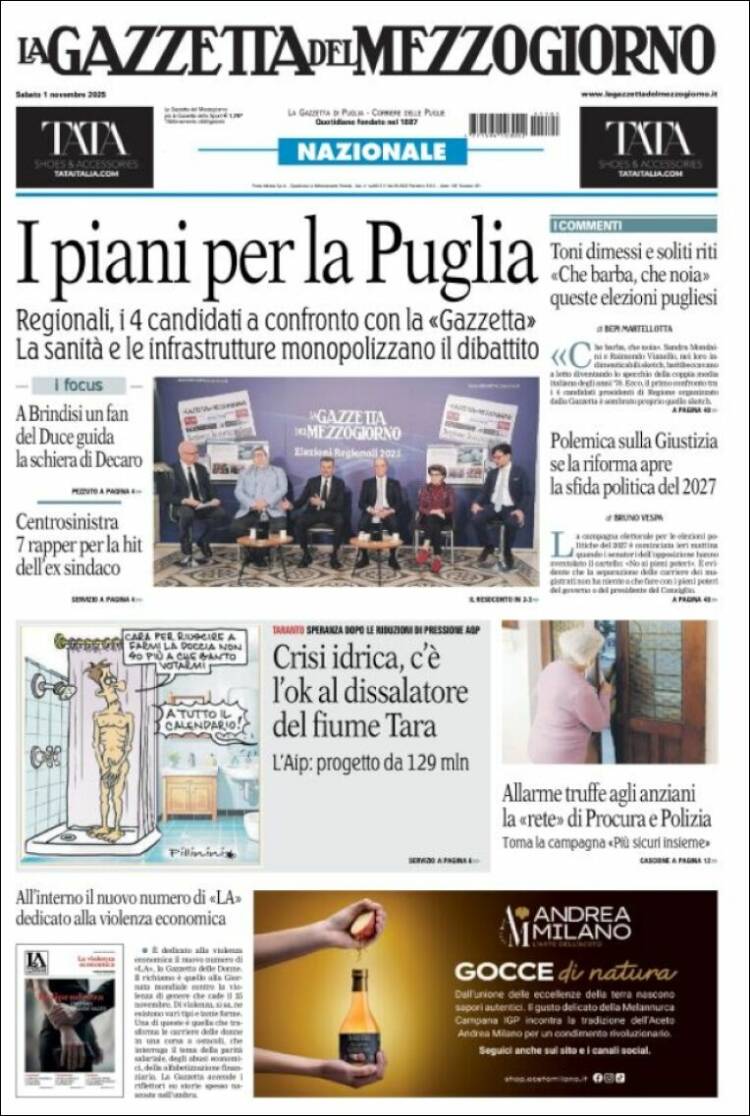 Portada de La Gazzetta del Mezzogiorno (Italia)
