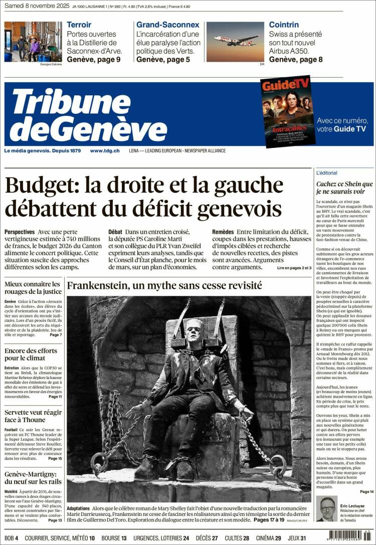 Portada de La Tribune de Genève (Suiza)