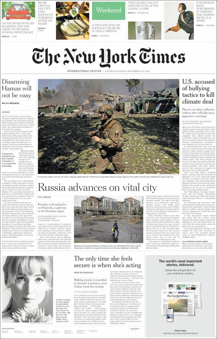 Portada de International New York Times (Europa)
