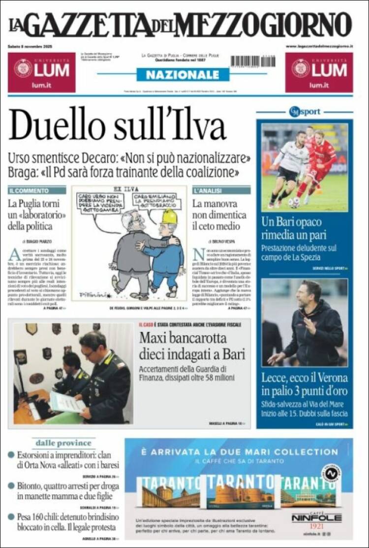 Portada de La Gazzetta del Mezzogiorno (Italia)