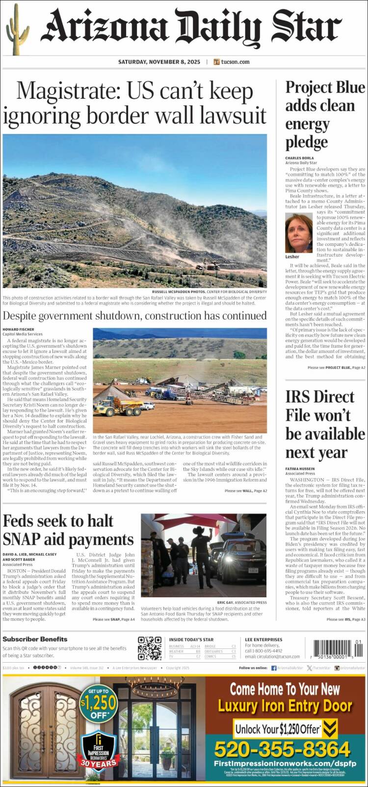 Portada de Arizona Daily Star (USA)