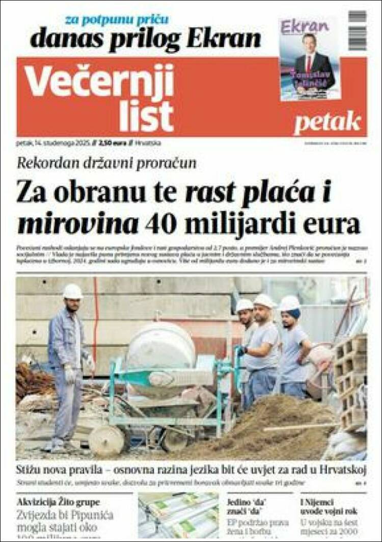 Portada de Večernji (Croacia)