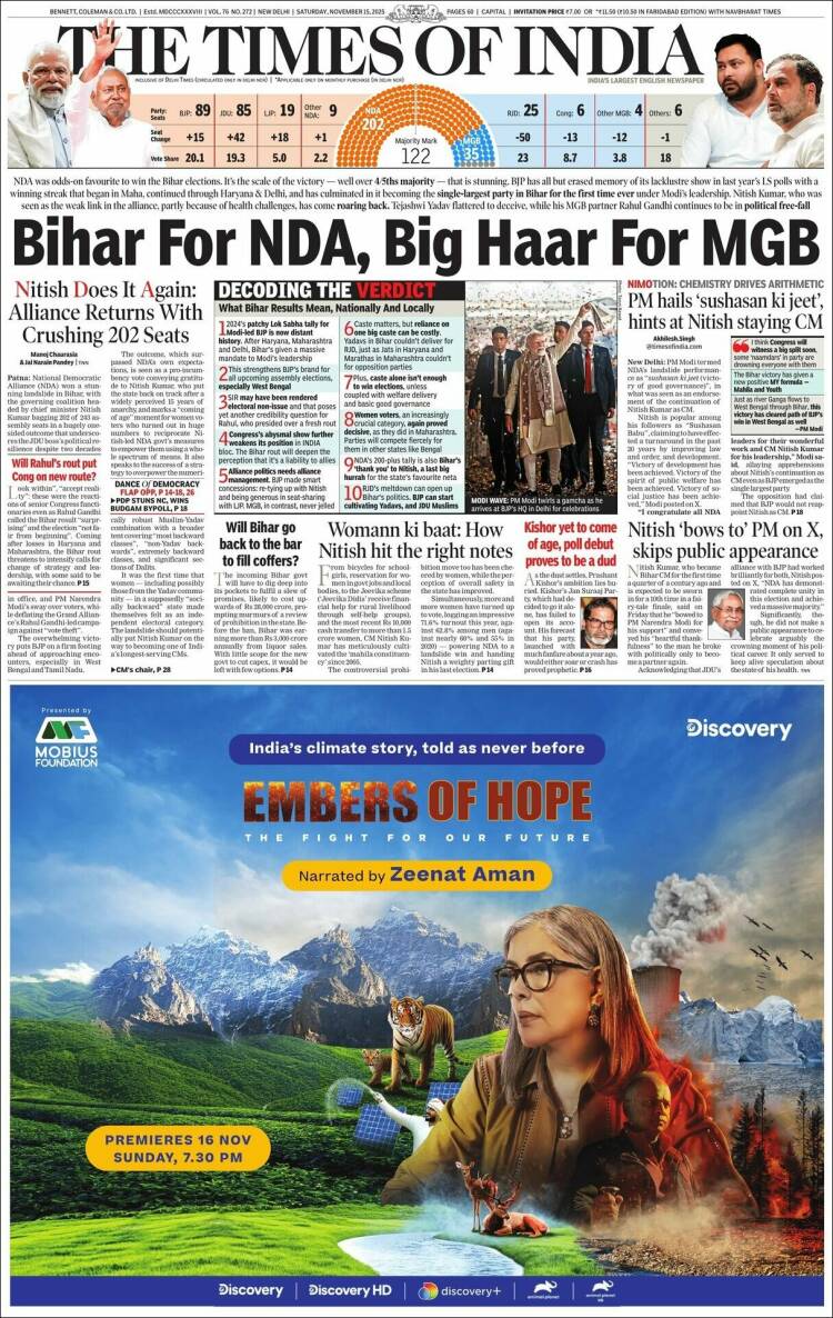 Portada de The Times of India (India)