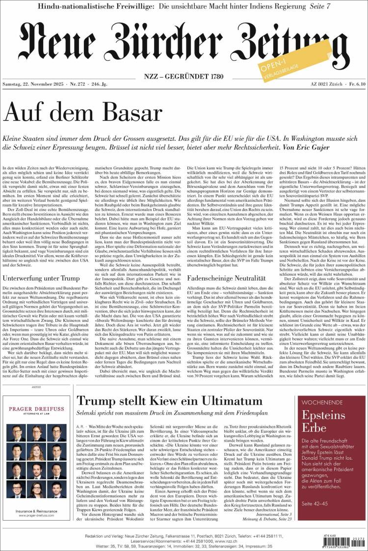 Portada de Neue Zürcher Zeitung (Suiza)