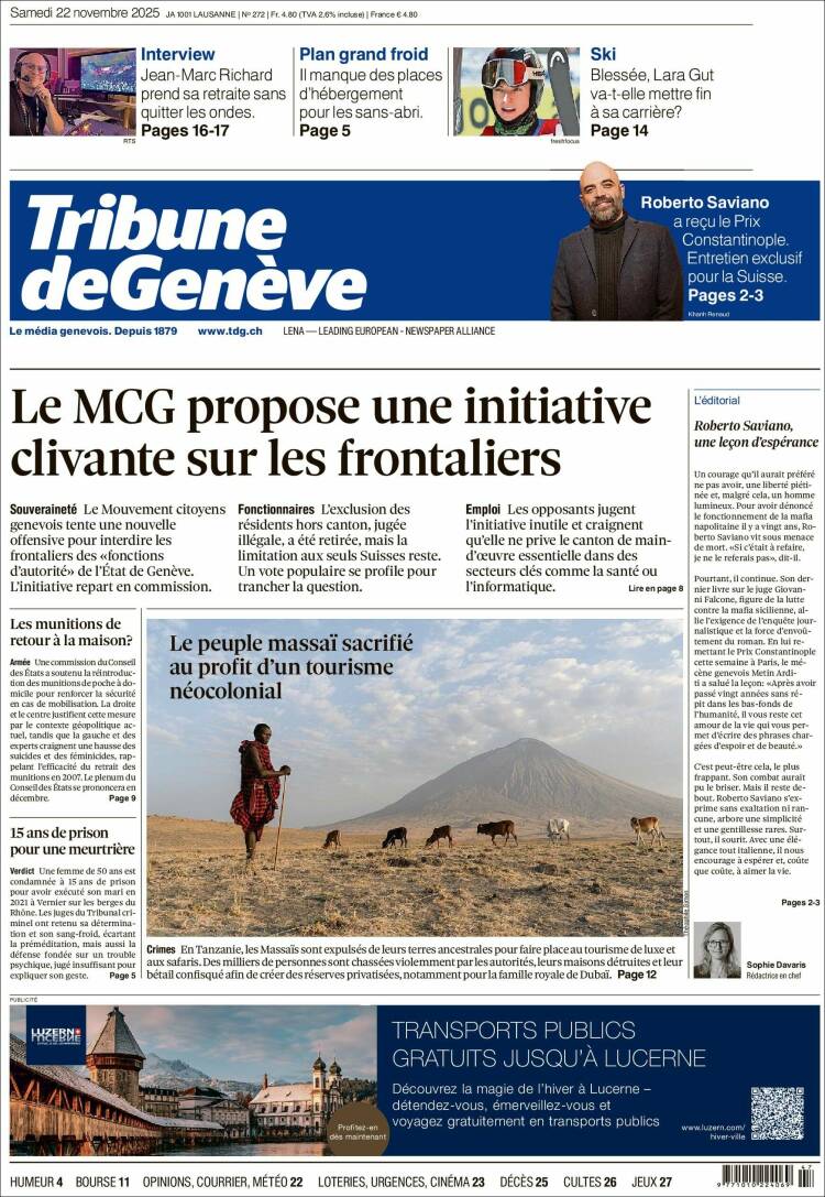 Portada de La Tribune de Genève (Suiza)
