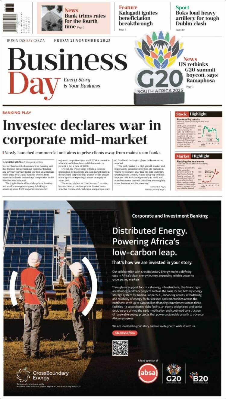 Portada de Business Day (Sud&aacute;frica)