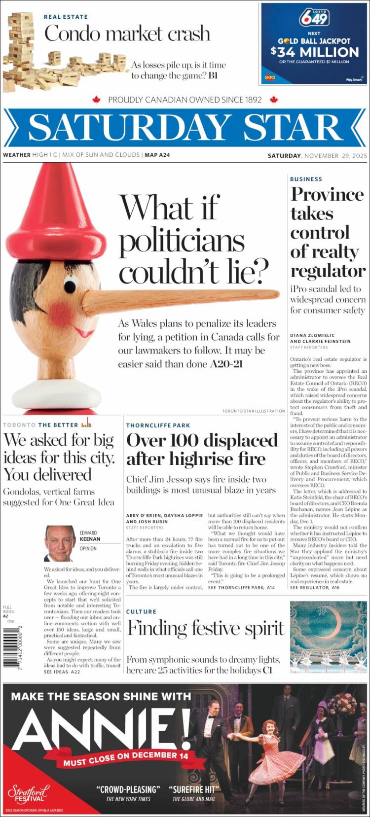 Portada de The Toronto Star (Canad&aacute;)