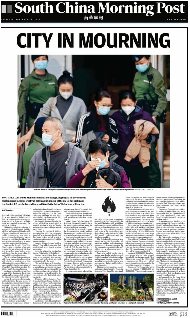Portada de South China Morning Post (China)
