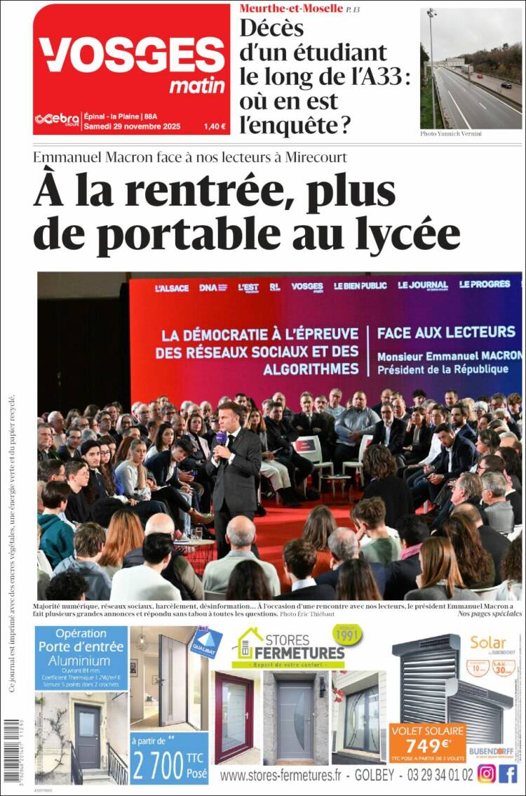 Portada de Vosges Matin (Francia)