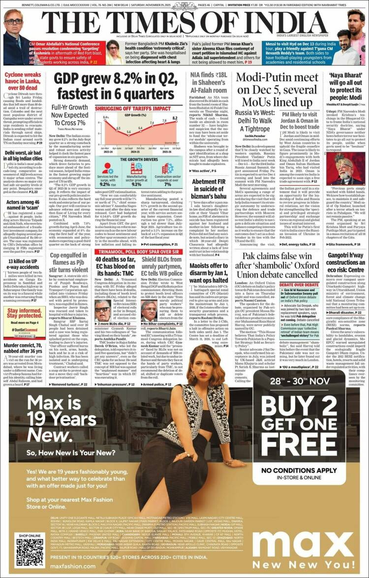 Portada de The Times of India (India)