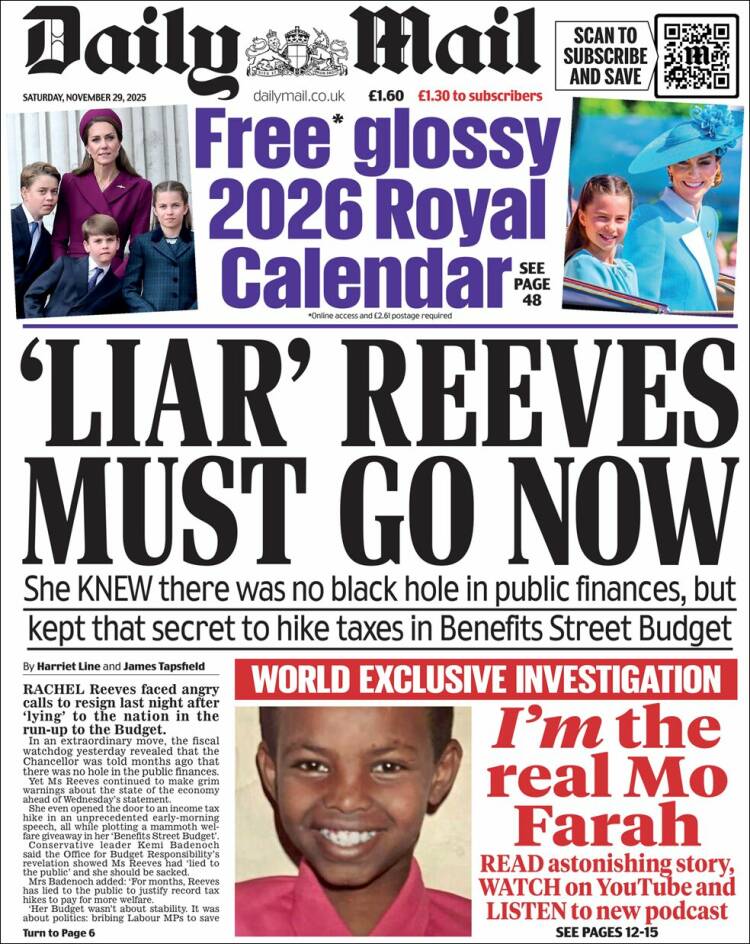 Portada de Daily Mail (Reino Unido)