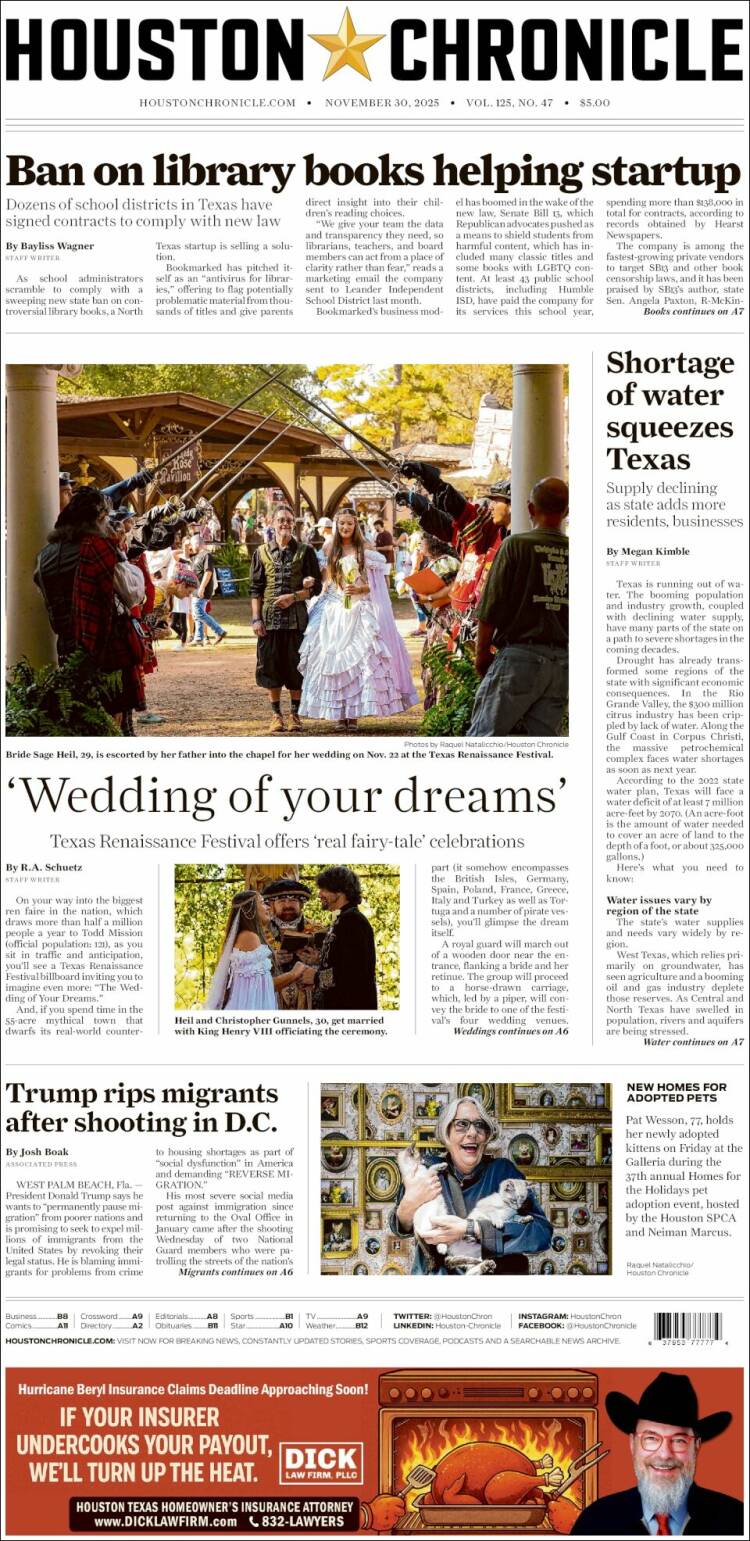 Portada de Houston Chronicle (USA)