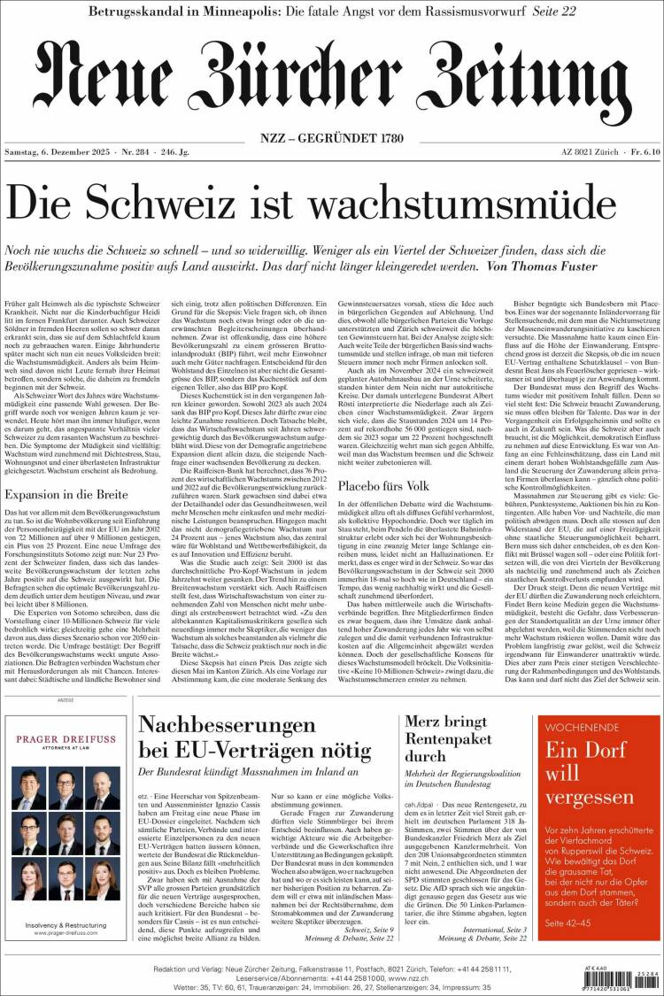 Portada de Neue Zürcher Zeitung (Suiza)