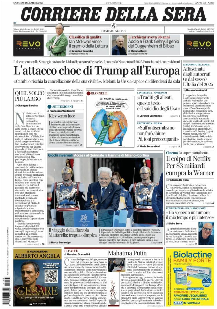 Portada de Corriere della Sera (Italia)
