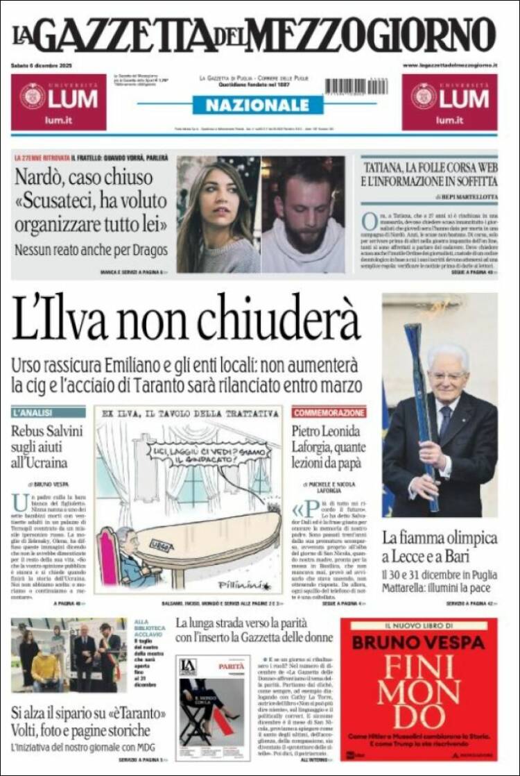 Portada de La Gazzetta del Mezzogiorno (Italia)