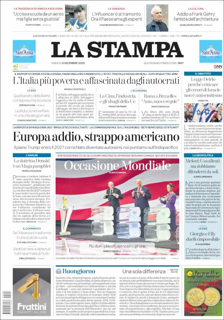 Portada de La Stampa (Italia)