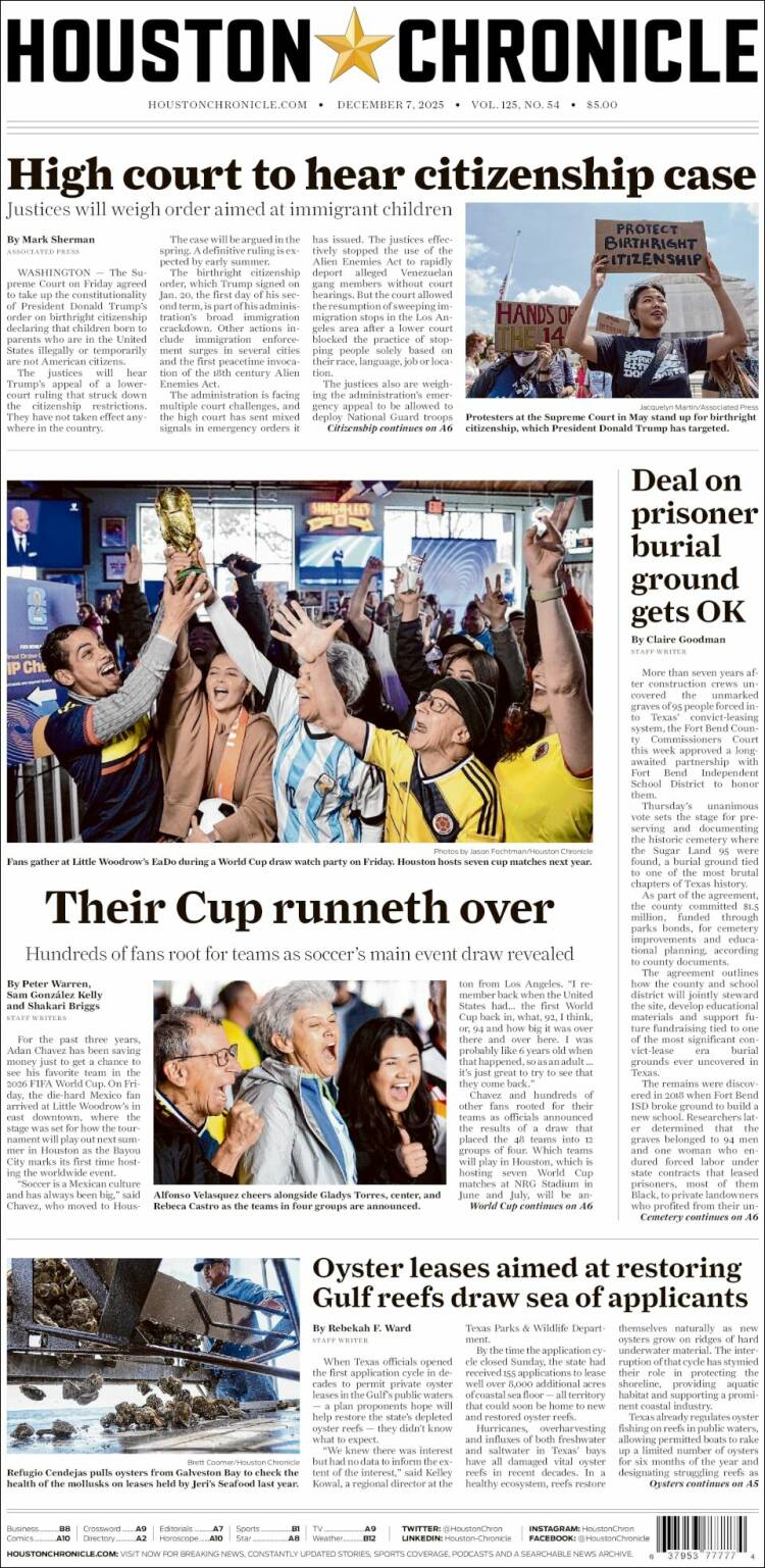Portada de Houston Chronicle (USA)