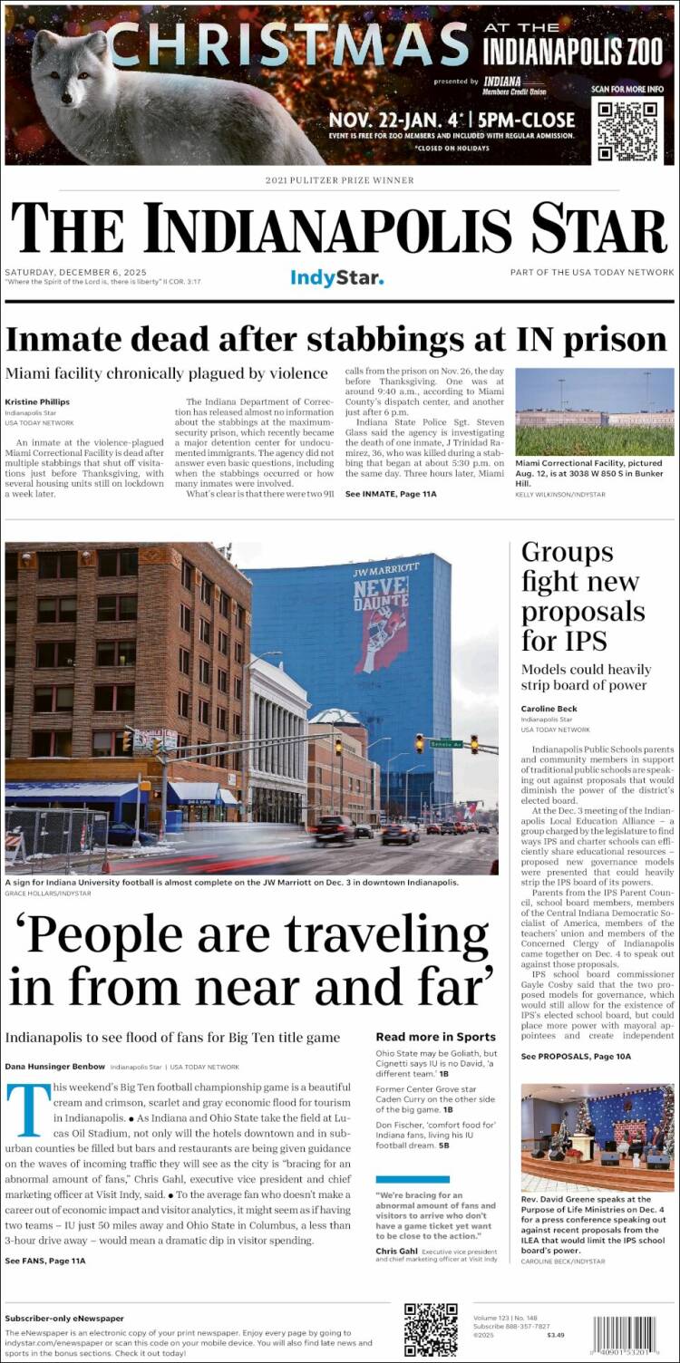 Portada de The Indianapolis Star (USA)