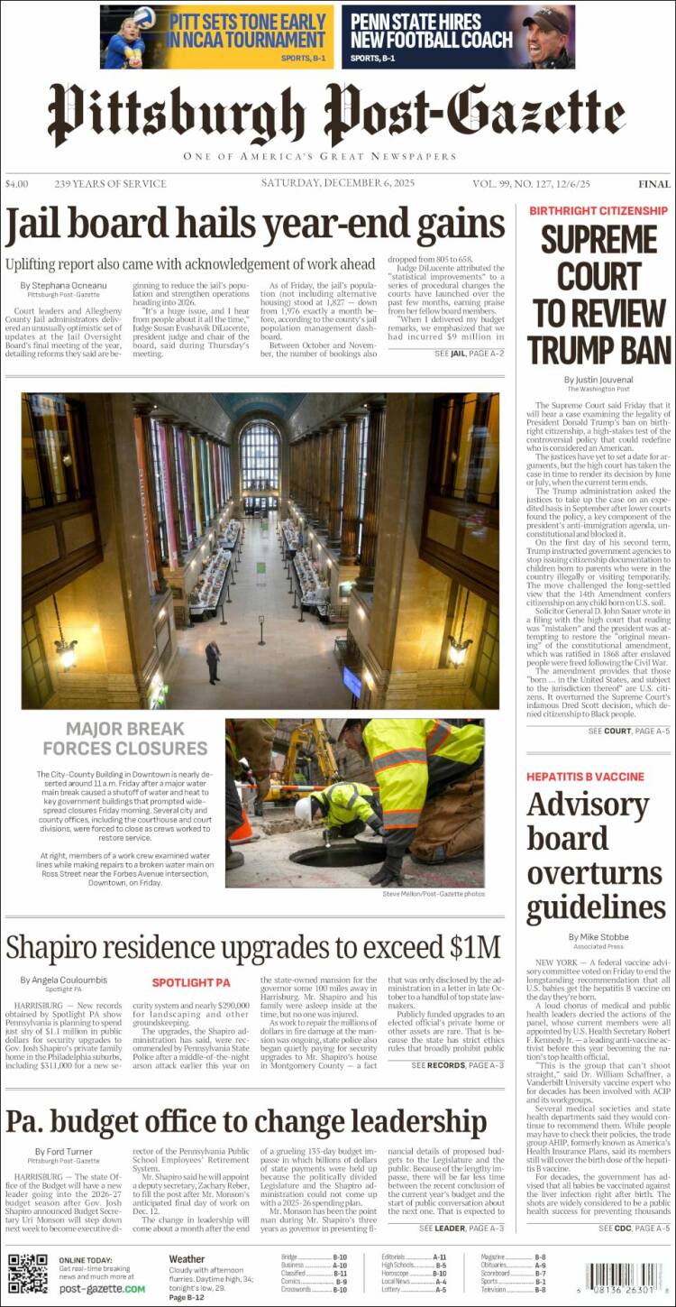 Portada de Pittsburgh Post-Gazette (USA)