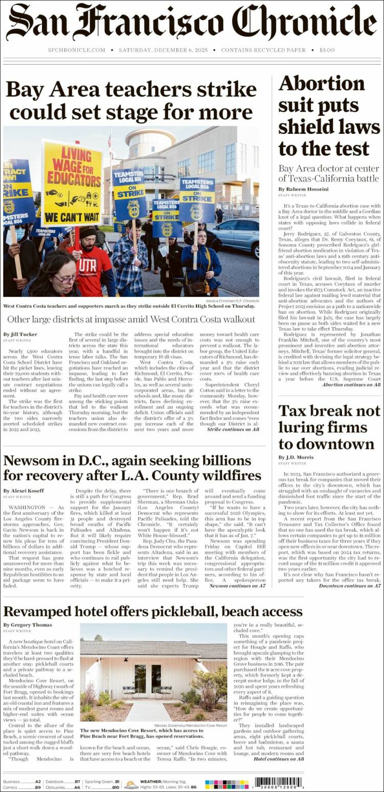 Portada de San Francisco Chronicle (USA)